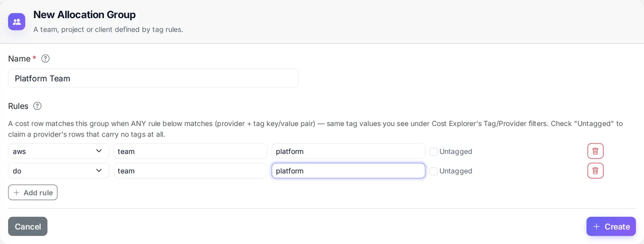 The allocation group form: name and the provider and tag rules.