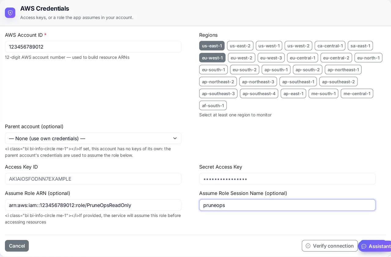 The AWS credentials form, with the role to assume and the role templates to download.